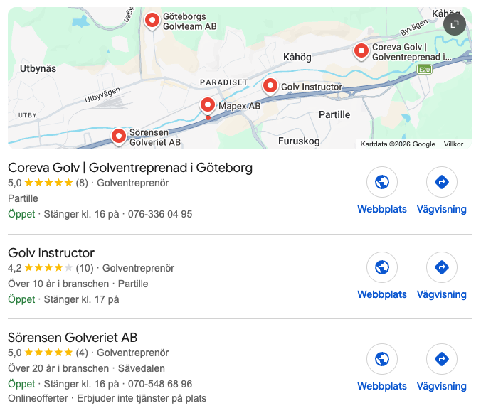 Googles kartresultat för golventreprenörer i Partille, med Coreva Golv överst, betyg 5,0 av 8 omdömen.