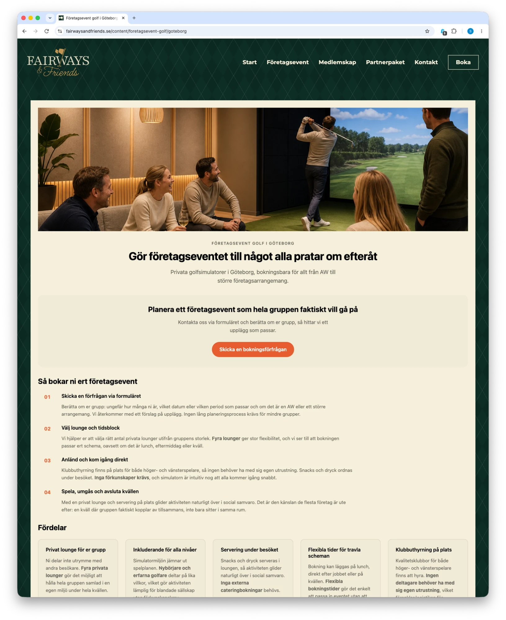 Sidan för företagsevent i Göteborg på fairwaysandfriends.se, med bild på en grupp i loungen, fyra steg för att boka och en rad fördelar.