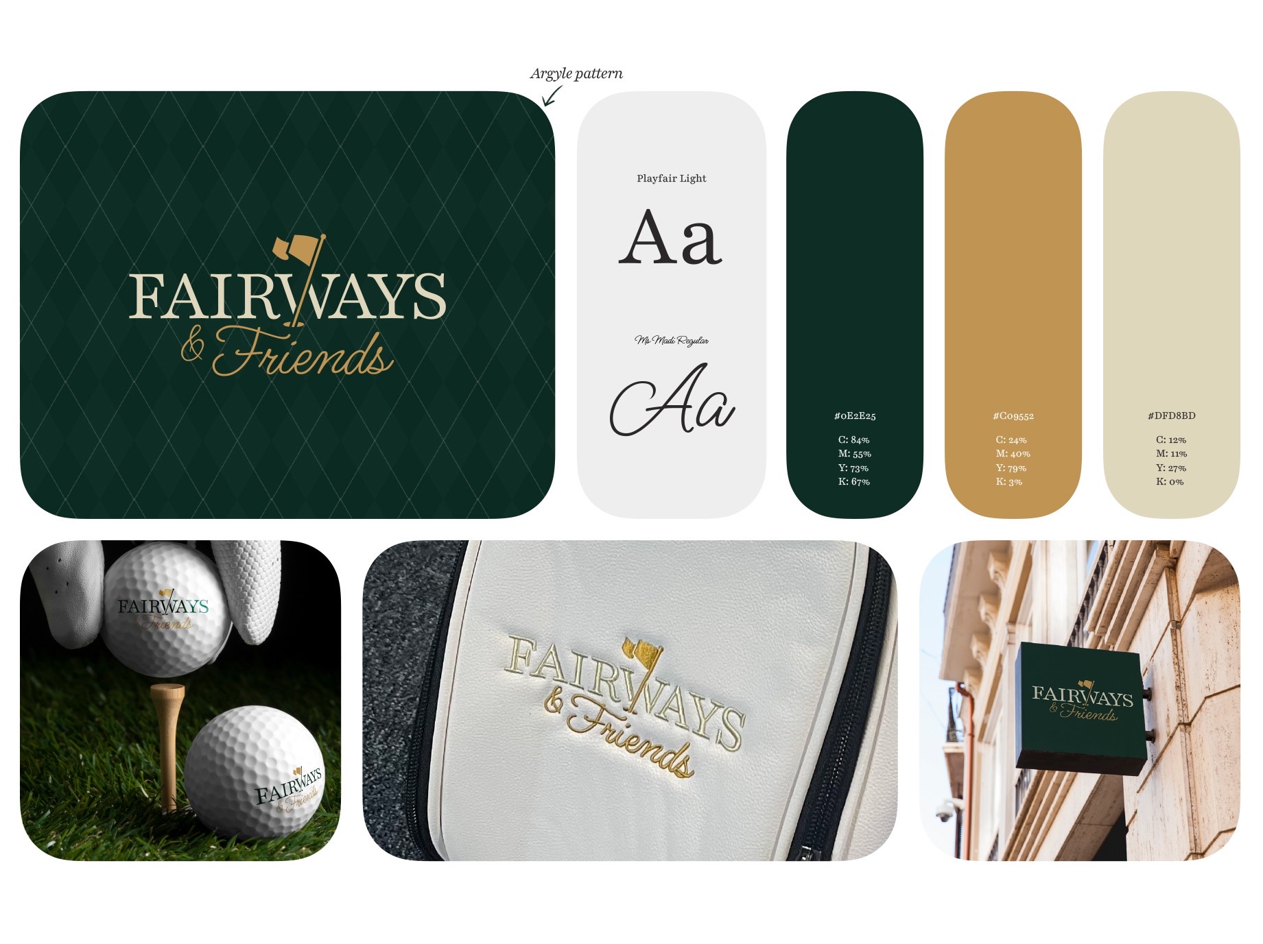Fairways & Friends varumärkesplansch: logotyp på argylemönster, Playfair och Ms Madi, färgerna 0E2E25, C09552 och DFD8BD, och logotypen på en golfboll, en väska och en skylt.