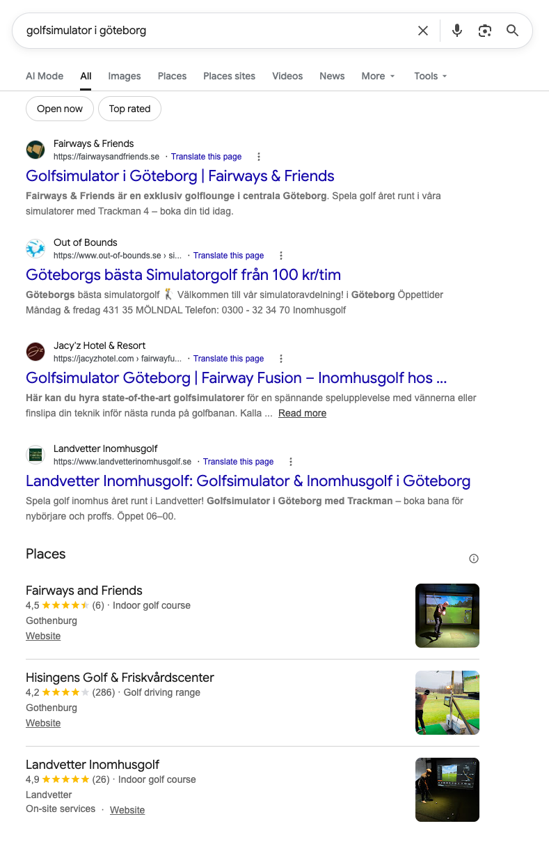 Googles sökresultat för golfsimulator i Göteborg: Fairways & Friends först bland resultaten och först under Places, betyg 4,5.