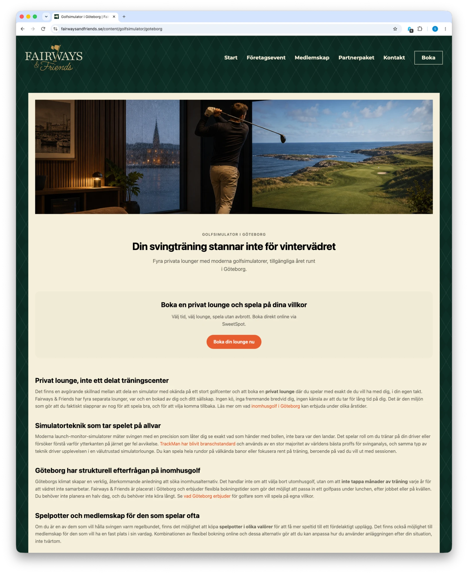 Sidan för golfsimulator i Göteborg på fairwaysandfriends.se, med bild från loungen, rubrik och en knapp för att boka.