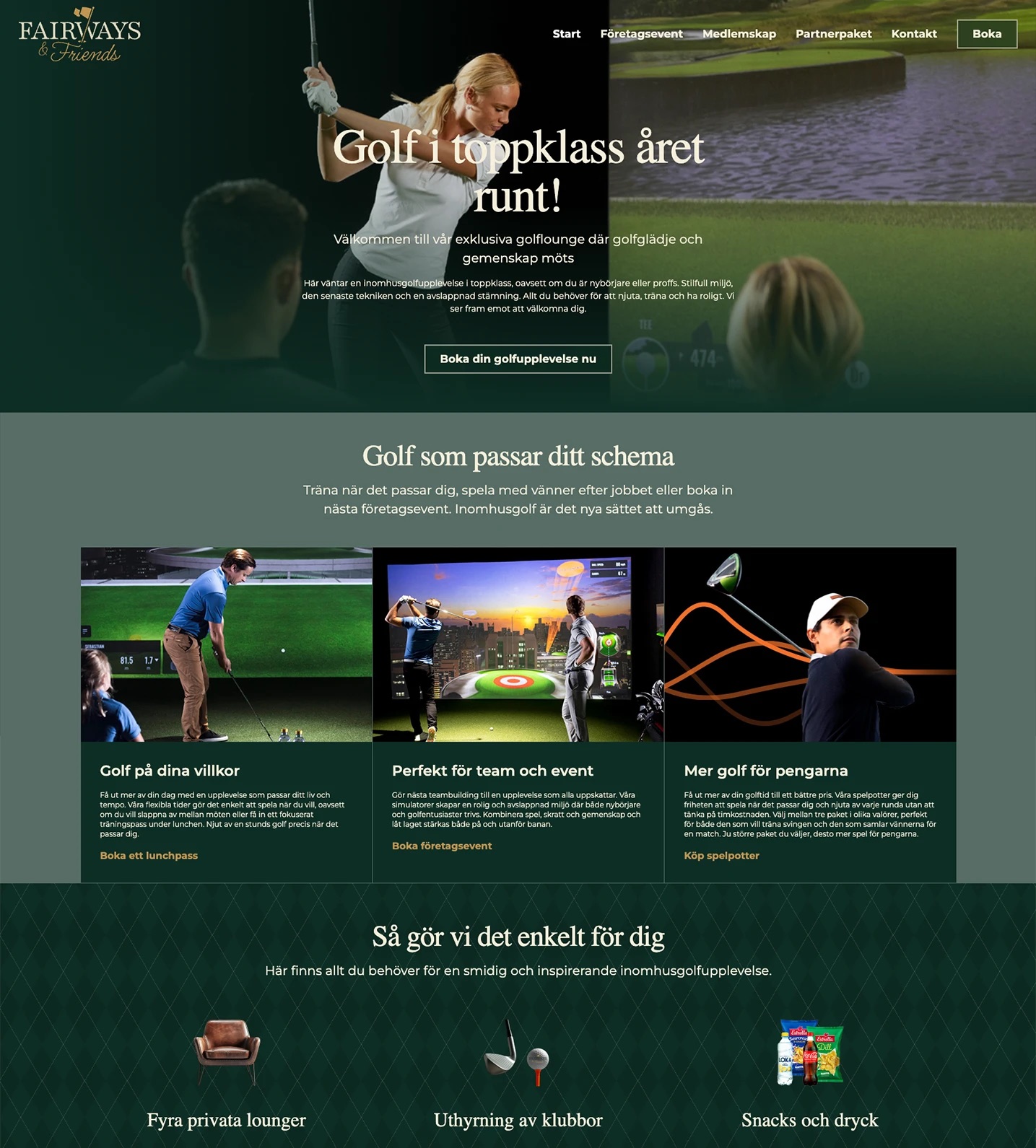 Fairways & Friends startsida: golf i toppklass året runt, mörkgrön med guld.